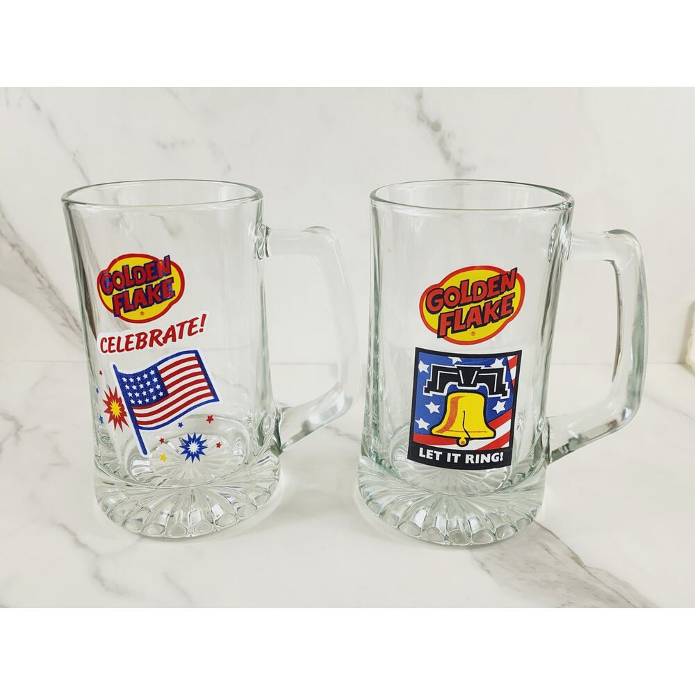 Golden Flake Beer Clear Glass Mug 20oz Celebrate USA Flag 6 1/4" Let It Ring x2